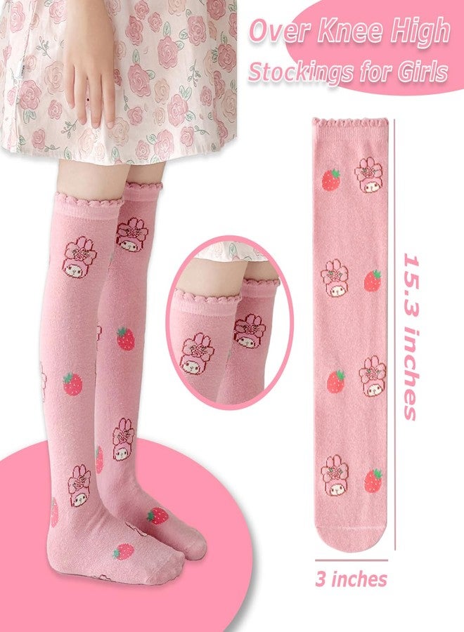 SaFeHoM 4 Pairs Knee High Socks for Girls & Women, Cute Cartoon Thicken Over Knee Stockings Cotton Long Socks Anime Compression Stocks 15" (Pink) - Image 4